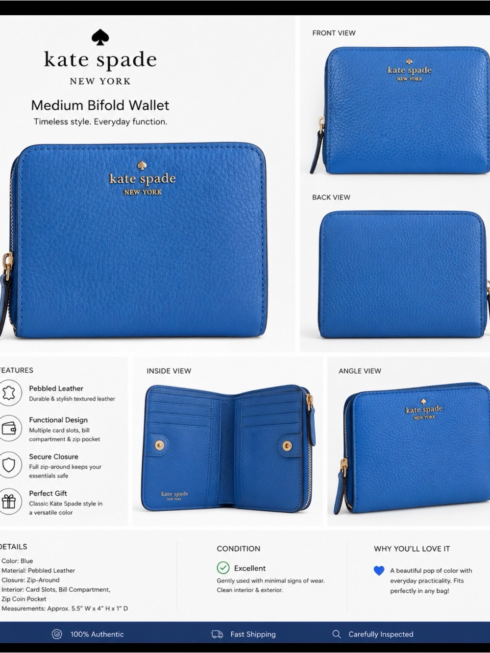 kate spade Pebbled Leather Wallet in Bright Blue